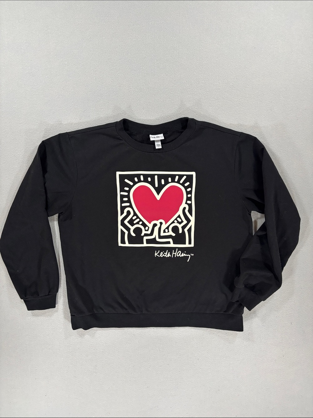 Keith Haring Black Sweatshirt with Red Heart Graphic L
